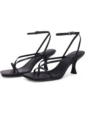 Women's Black Leather Lace Up Square Flip Flop High Heels Strappy Sandals